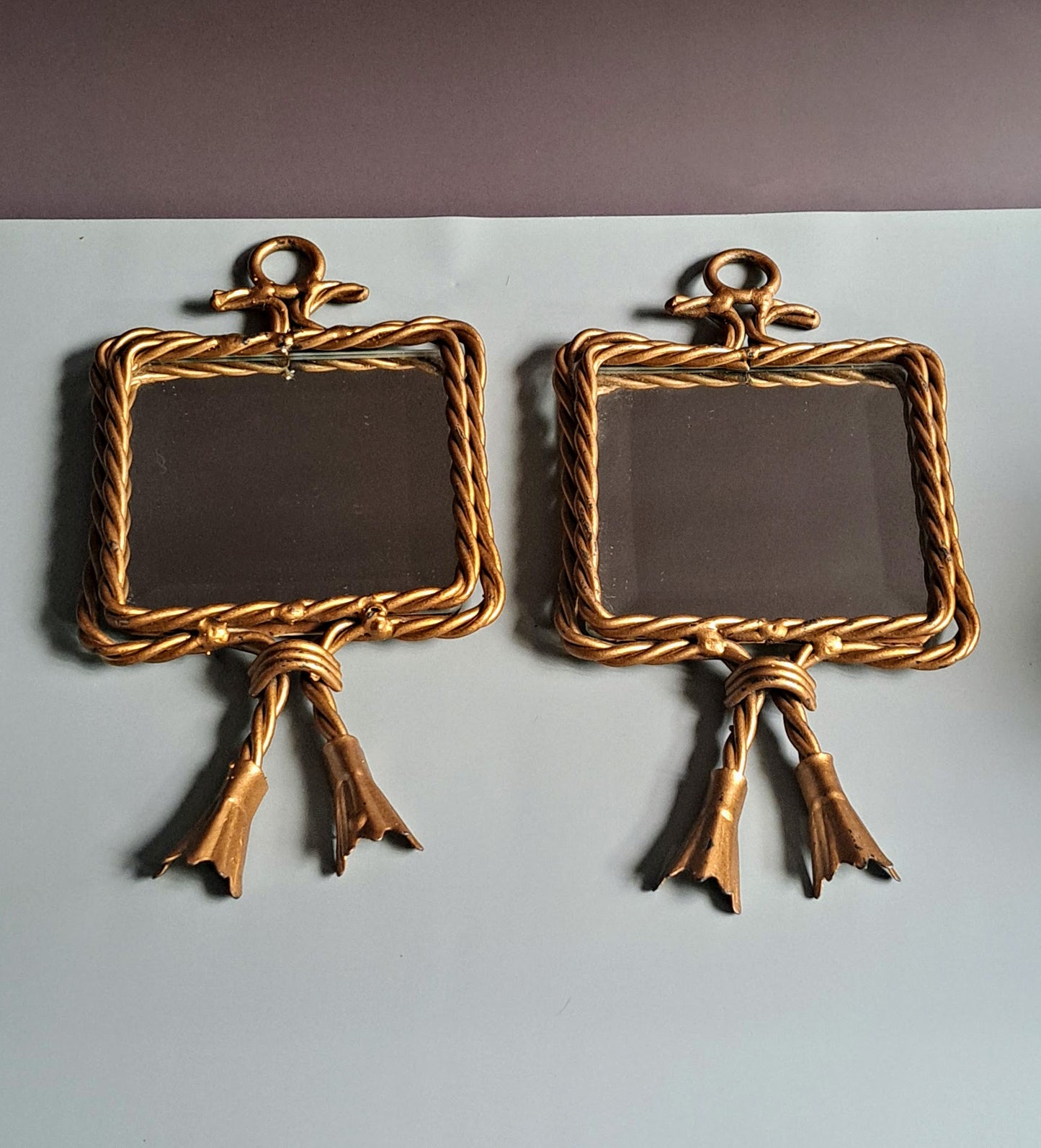 Pair of small vintage square brass mirrors