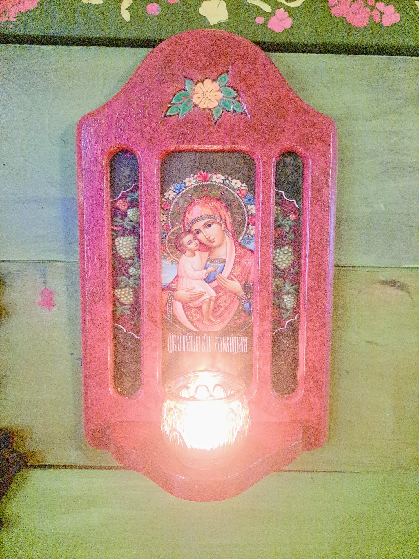 Theotokos Icon Sconce, Cranberry with Flower