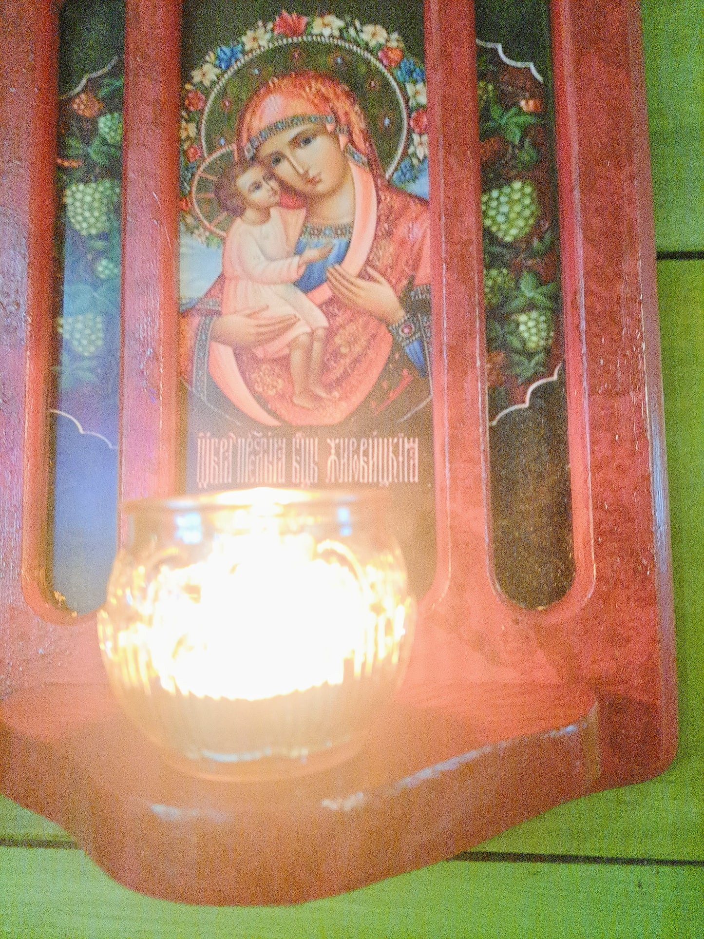 Theotokos Icon Sconce, Cranberry with Flower