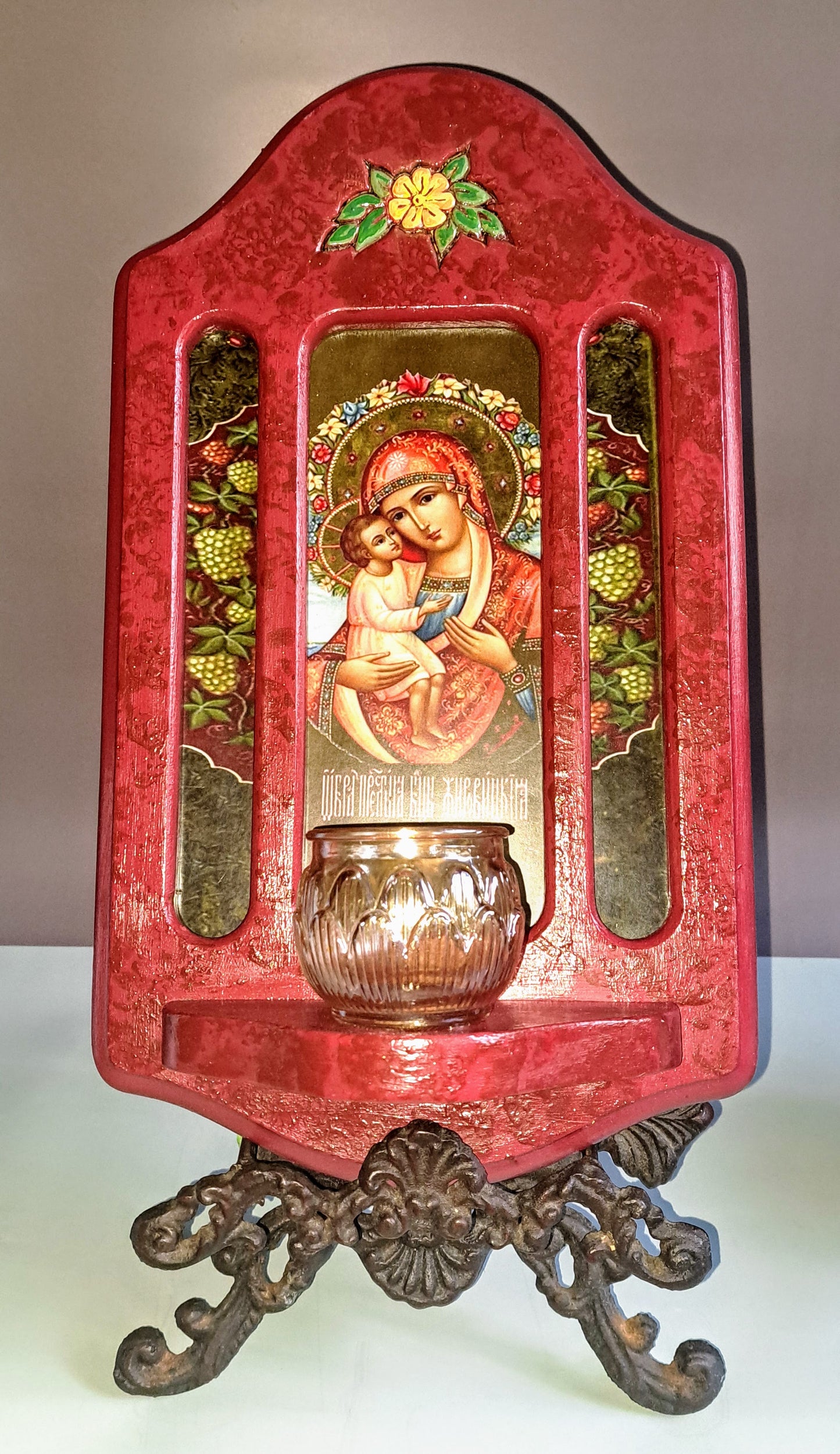 Theotokos Icon Sconce, Cranberry with Flower