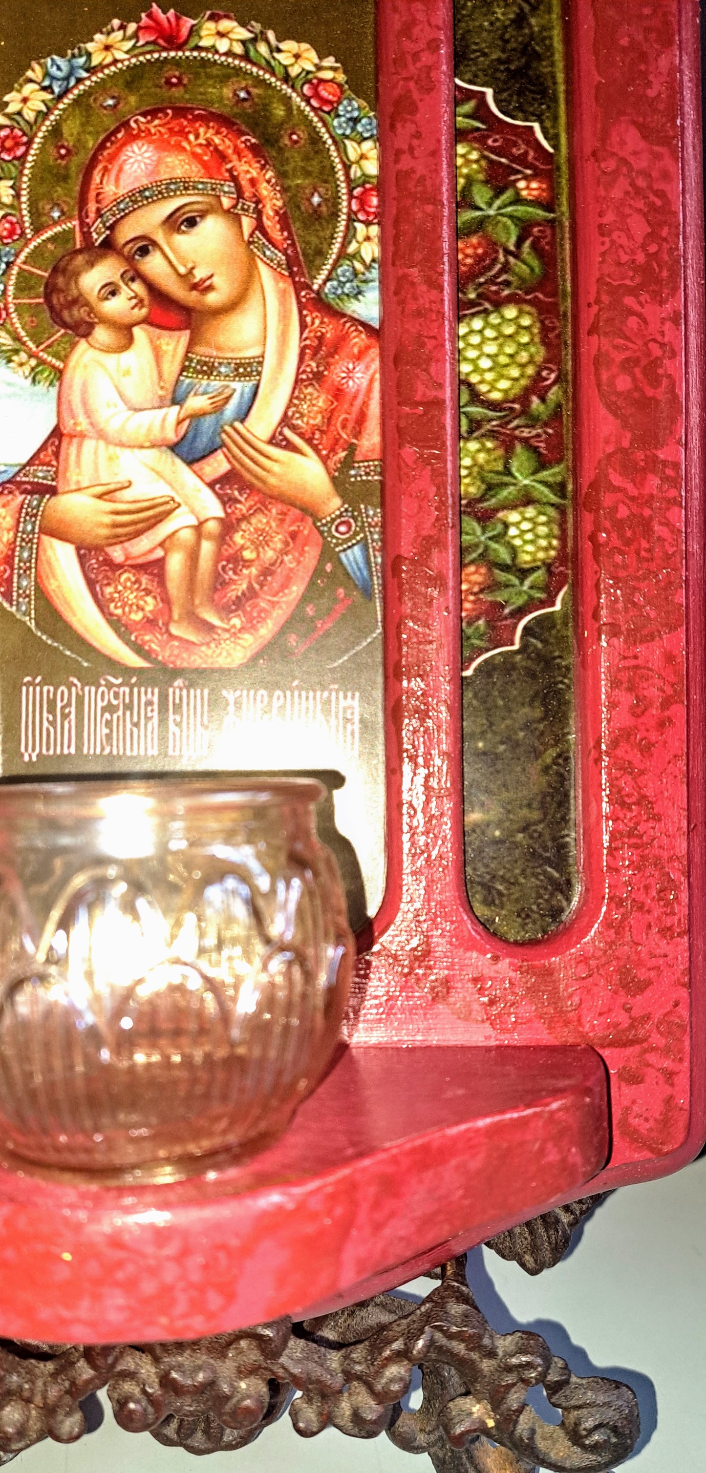 Theotokos Icon Sconce, Cranberry with Flower