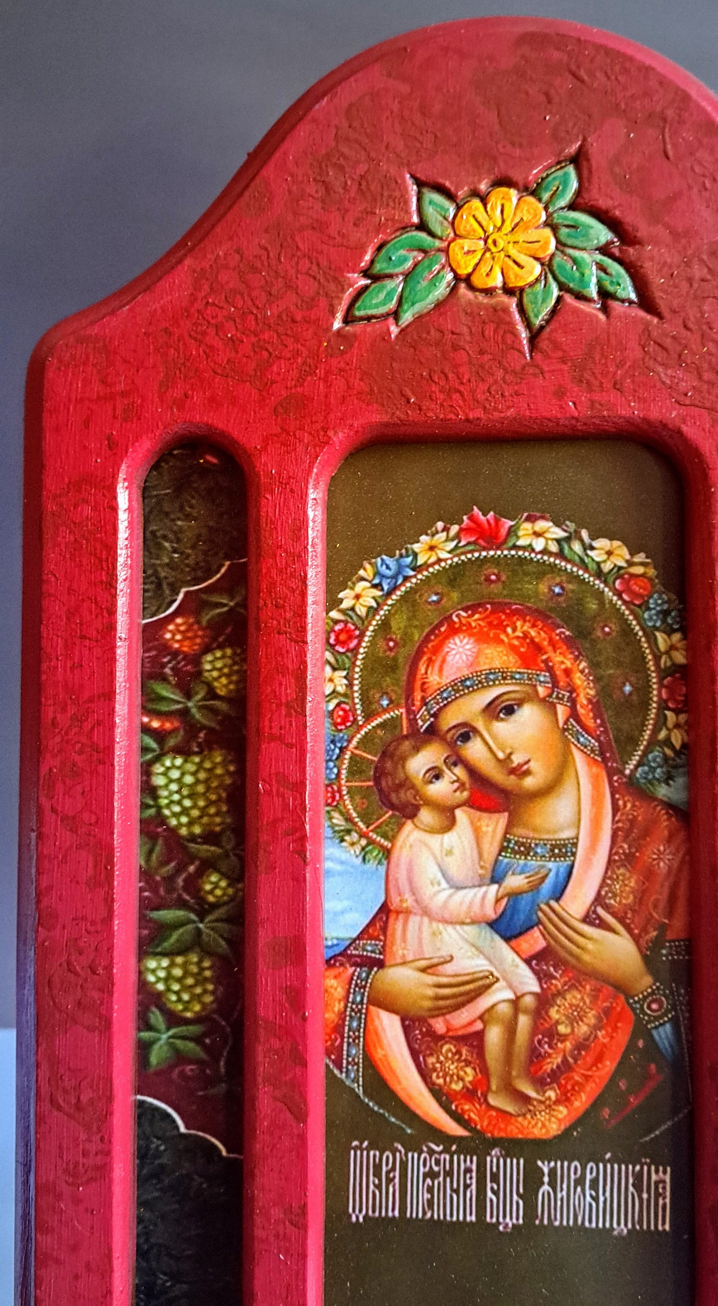 Theotokos Icon Sconce, Cranberry with Flower